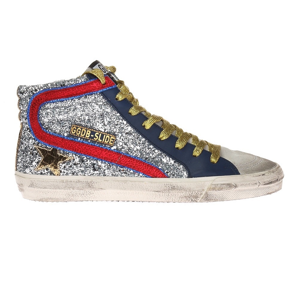 RARE golden goose slide size 7 silver glitter with gold, red, blue accents